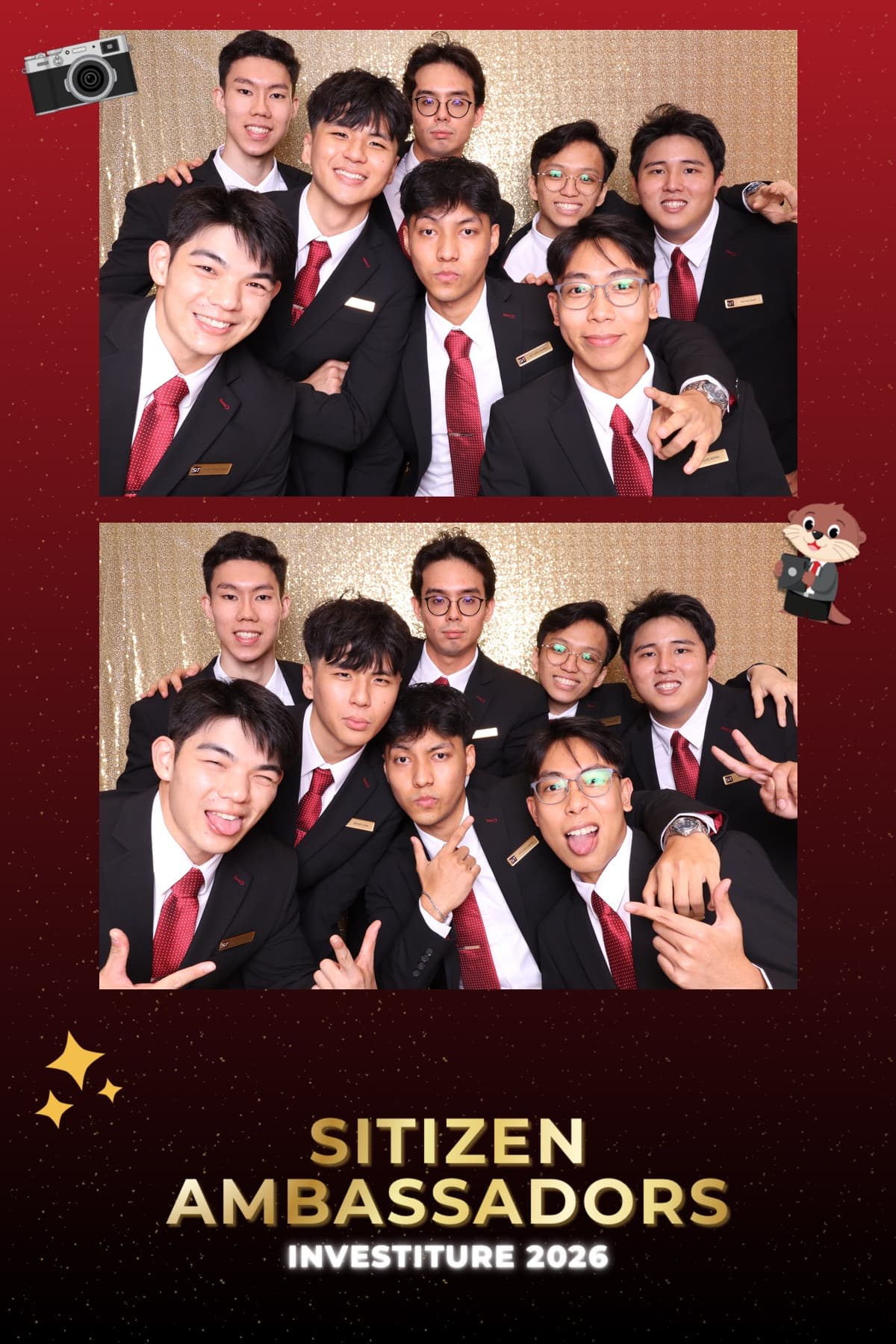 Guests posing at a photobooth experience with custom event print