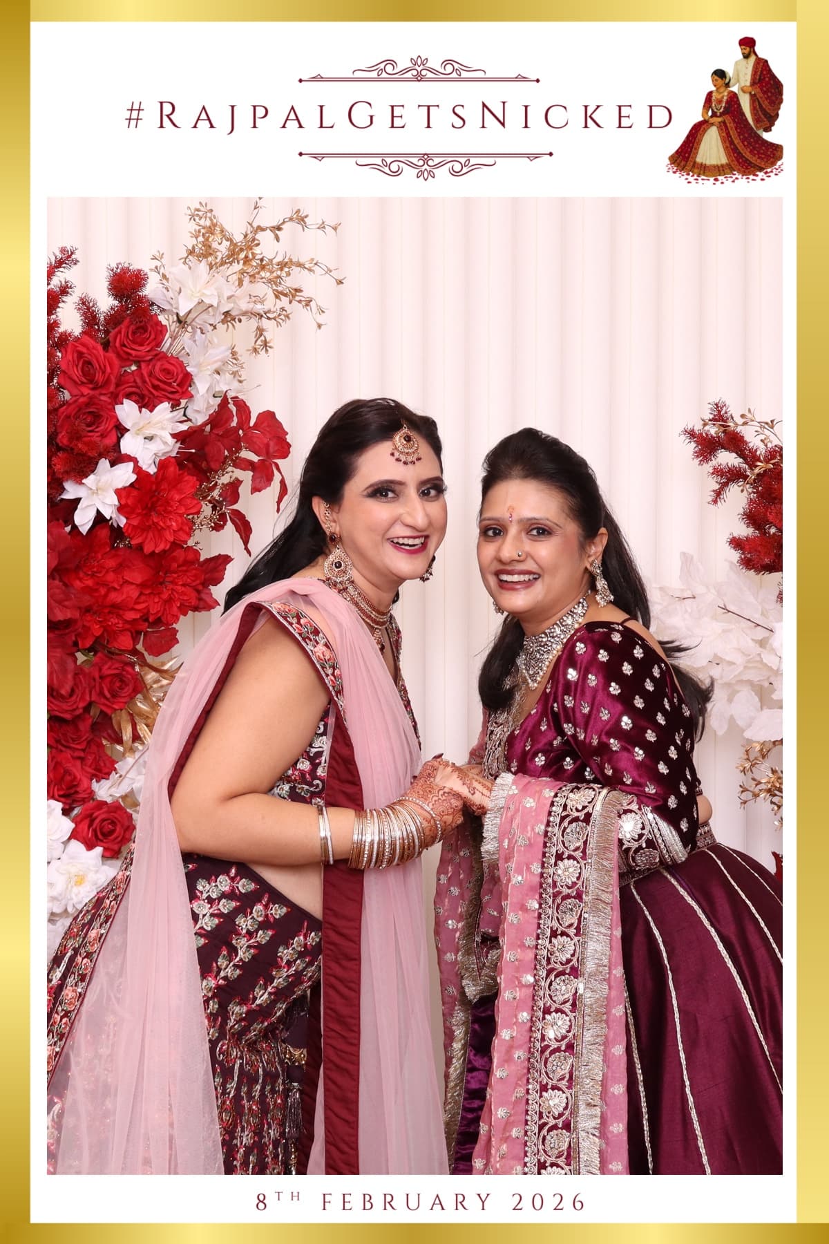 Wedding guests posing with a floral photobooth print layout